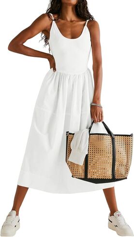 Fisoew Womens Summer Cami Dress V Neck Backless Adjustable Straps Sleeveless A Line Dress with Pocket in Saudi Arabia