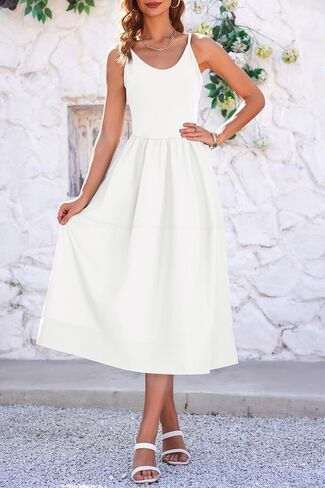 Fisoew Womens Summer Cami Dress V Neck Backless Adjustable Straps Sleeveless A Line Dress with Pocket in Saudi Arabia