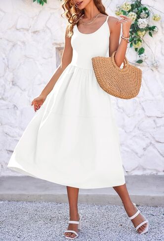 Fisoew Womens Summer Cami Dress V Neck Backless Adjustable Straps Sleeveless A Line Dress with Pocket in Saudi Arabia