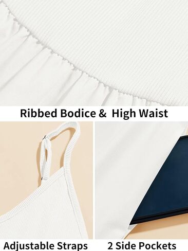 Fisoew Womens Summer Cami Dress V Neck Backless Adjustable Straps Sleeveless A Line Dress with Pocket in Saudi Arabia