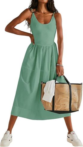 Fisoew Womens Summer Cami Dress V Neck Backless Adjustable Straps Sleeveless A Line Dress with Pocket in Saudi Arabia
