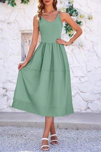 Fisoew Womens Summer Cami Dress V Neck Backless Adjustable Straps Sleeveless A Line Dress with Pocket in Saudi Arabia