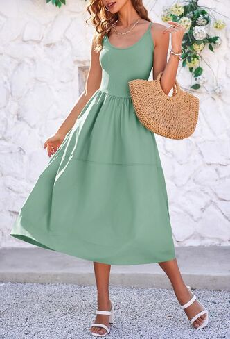 Fisoew Womens Summer Cami Dress V Neck Backless Adjustable Straps Sleeveless A Line Dress with Pocket in Saudi Arabia