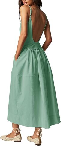 Fisoew Womens Summer Cami Dress V Neck Backless Adjustable Straps Sleeveless A Line Dress with Pocket in Saudi Arabia