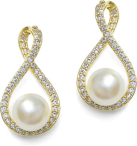 ماريل اقراط متدلية من اللؤلؤ الذهبي مع كريستال زركونيا مكعب للعرائس وحفلات الزفاف والام العروس واللؤلؤ المصنوع من الاحجار الكريمة المعدنية والزركونيا المكعبة, لؤلؤ مصنوع من الأحجار الكريمة المعدنية, in Kuwait