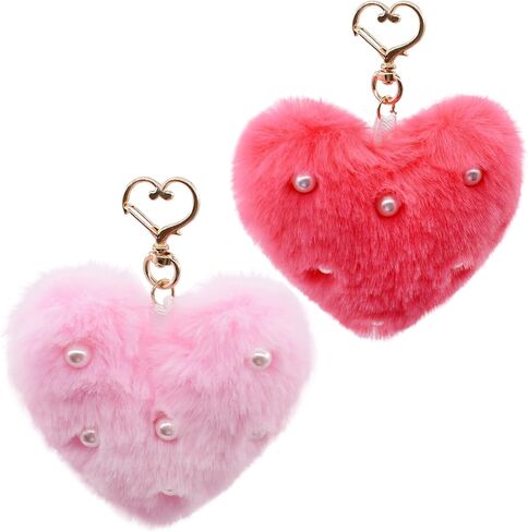 Melbelia Faux Fur Heart Pom Keychains for Women, 2Pcs Plush Heart Key Ring with Pearl, Soft Cute Car Key Chain Purse Handbag Charm Accessories for Women Girls Gifts(Red&Pink) in Kuwait