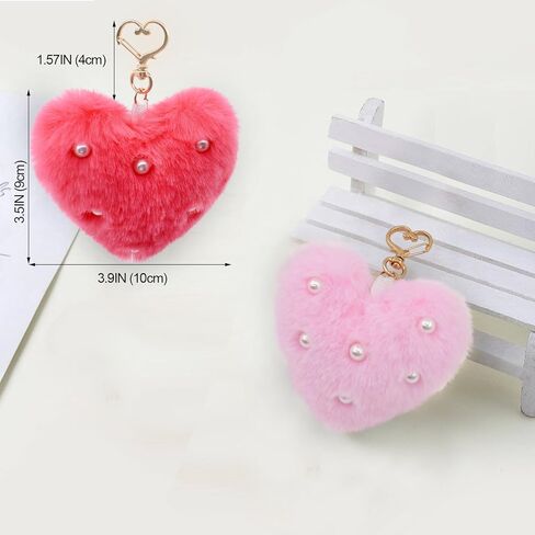Melbelia Faux Fur Heart Pom Keychains for Women, 2Pcs Plush Heart Key Ring with Pearl, Soft Cute Car Key Chain Purse Handbag Charm Accessories for Women Girls Gifts(Red&Pink) in Kuwait