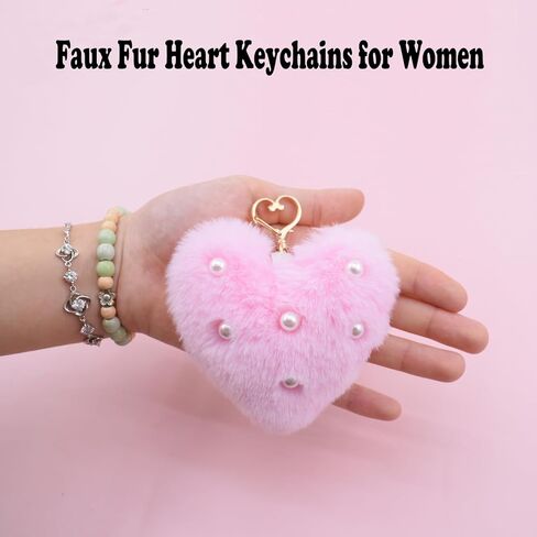 Melbelia Faux Fur Heart Pom Keychains for Women, 2Pcs Plush Heart Key Ring with Pearl, Soft Cute Car Key Chain Purse Handbag Charm Accessories for Women Girls Gifts(Red&Pink) in Kuwait
