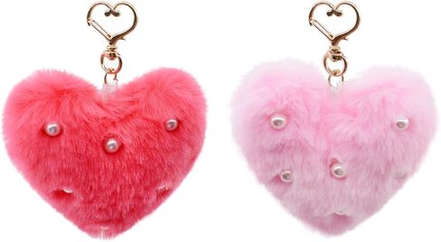 Melbelia Faux Fur Heart Pom Keychains for Women, 2Pcs Plush Heart Key Ring with Pearl, Soft Cute Car Key Chain Purse Handbag Charm Accessories for Women Girls Gifts(Red&Pink) in Kuwait
