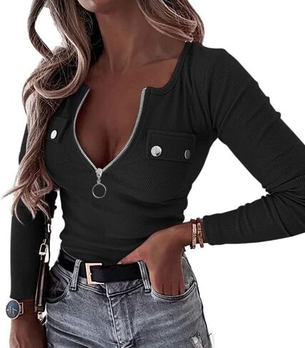 قميص هينلي نسائي قصير/طويل الأكمام من باشافو مثير بسحاب ورقبة على شكل حرف V تي شيرت منسوج مضلع بأزرار سفلية ملابس صيفية ضيقة in Kuwait