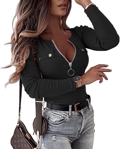 قميص هينلي نسائي قصير/طويل الأكمام من باشافو مثير بسحاب ورقبة على شكل حرف V تي شيرت منسوج مضلع بأزرار سفلية ملابس صيفية ضيقة in Kuwait