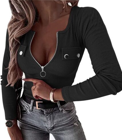 قميص هينلي نسائي قصير/طويل الأكمام من باشافو مثير بسحاب ورقبة على شكل حرف V تي شيرت منسوج مضلع بأزرار سفلية ملابس صيفية ضيقة in Kuwait