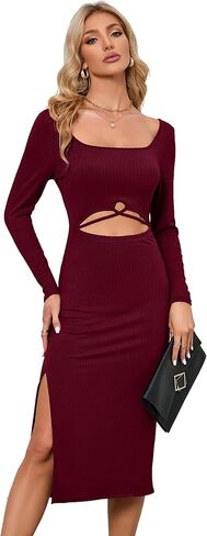 BLUEMING Women Long Sleeve Dress Knit Square Neck Slit Cutout Bodycon Fall Dresses in Kuwait