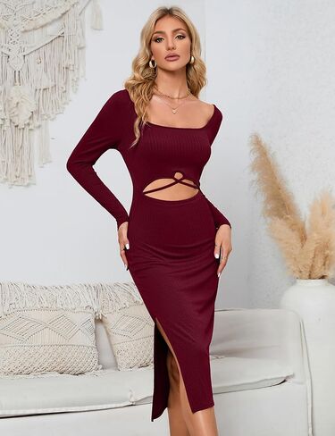 BLUEMING Women Long Sleeve Dress Knit Square Neck Slit Cutout Bodycon Fall Dresses in Kuwait