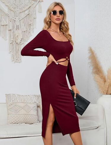 BLUEMING Women Long Sleeve Dress Knit Square Neck Slit Cutout Bodycon Fall Dresses in Kuwait