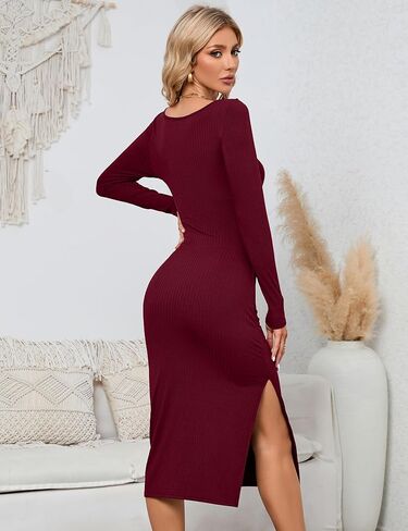 BLUEMING Women Long Sleeve Dress Knit Square Neck Slit Cutout Bodycon Fall Dresses in Kuwait