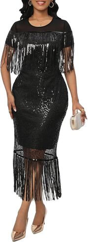 VERWIN Women's Fringe Maxi Dress Sequins Short Sleeve Tassels Dress Prom Dress Party Cocktail Dress in Kuwait