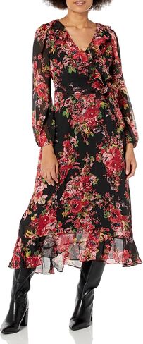 London Times Women's Long Sleeve Chic and Versatile Chiffon Ruffle Faux Wrap Dress in Saudi Arabia