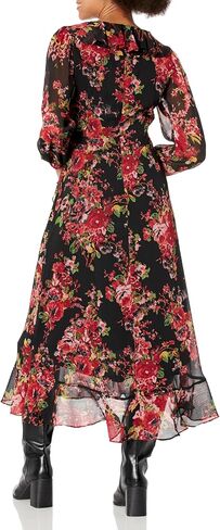 London Times Women's Long Sleeve Chic and Versatile Chiffon Ruffle Faux Wrap Dress in Saudi Arabia