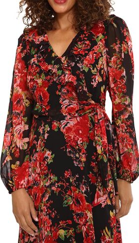 London Times Women's Long Sleeve Chic and Versatile Chiffon Ruffle Faux Wrap Dress in Saudi Arabia
