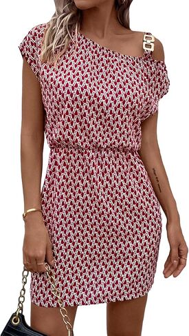 WDIRARA Women's Graphic Print High Waisted Asymmetrical Neck Short Dolman Sleeve Mini Dress in Saudi Arabia