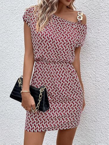 WDIRARA Women's Graphic Print High Waisted Asymmetrical Neck Short Dolman Sleeve Mini Dress in Saudi Arabia