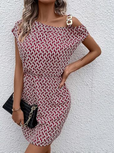 WDIRARA Women's Graphic Print High Waisted Asymmetrical Neck Short Dolman Sleeve Mini Dress in Saudi Arabia