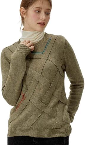 Clef Women's Wool Blend Stitch Points Sweater Casual Long Sleeve Knit Pullover Shirt Tops 2 Colors Pink Khaki in Saudi Arabia