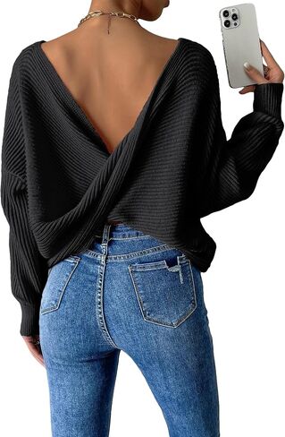 GORGLITTER Women's Twist Back Long Sleeve Drop Shoulder Pullover Sweaters in Saudi Arabia
