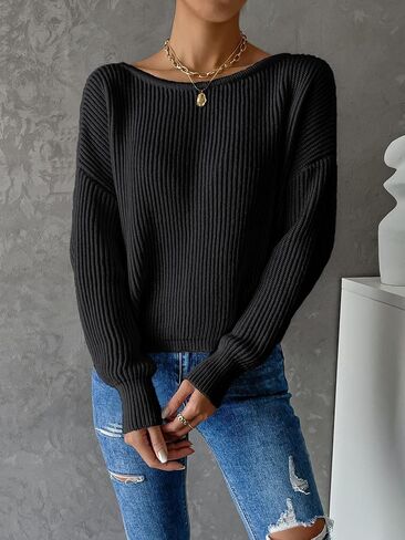 GORGLITTER Women's Twist Back Long Sleeve Drop Shoulder Pullover Sweaters in Saudi Arabia