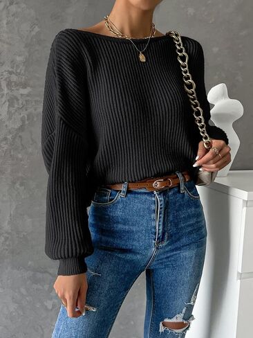 GORGLITTER Women's Twist Back Long Sleeve Drop Shoulder Pullover Sweaters in Saudi Arabia