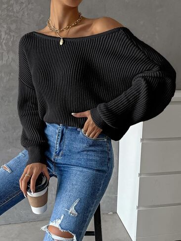GORGLITTER Women's Twist Back Long Sleeve Drop Shoulder Pullover Sweaters in Saudi Arabia