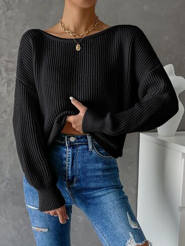 GORGLITTER Women's Twist Back Long Sleeve Drop Shoulder Pullover Sweaters in Saudi Arabia