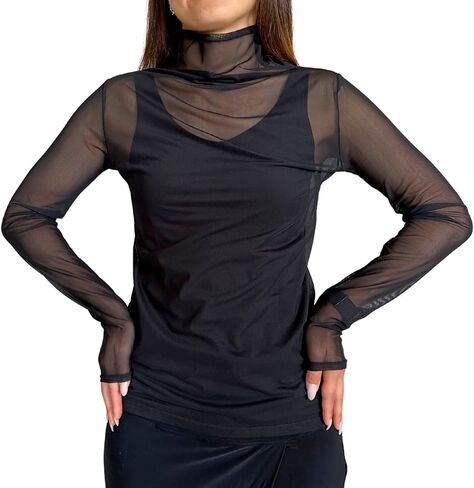 Women's Long Sleeve Mock Neck Mesh Top Light Sweater in Saudi Arabia