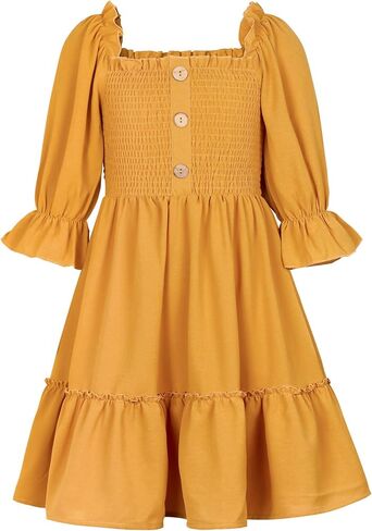 ملابس الفتيات من KANGKANG بلون سادة ورقبة مربعة نصف كم فستان قصير للربيع والصيف ملابس أطفال للفتيات in Kuwait