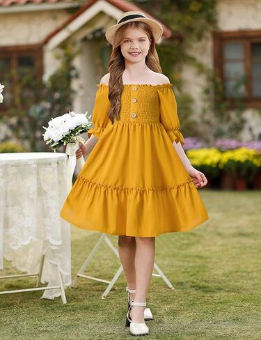 ملابس الفتيات من KANGKANG بلون سادة ورقبة مربعة نصف كم فستان قصير للربيع والصيف ملابس أطفال للفتيات in Kuwait