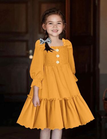 ملابس الفتيات من KANGKANG بلون سادة ورقبة مربعة نصف كم فستان قصير للربيع والصيف ملابس أطفال للفتيات in Kuwait