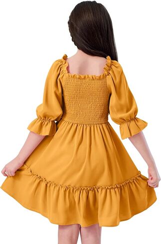 ملابس الفتيات من KANGKANG بلون سادة ورقبة مربعة نصف كم فستان قصير للربيع والصيف ملابس أطفال للفتيات in Kuwait