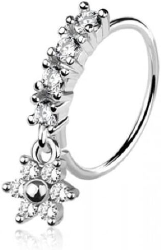 Pierced Owl 20GA 316L Stainless Steel CZ Crystal Lined Hoop with Dangling Flower Bendable Nose Ring in Saudi Arabia