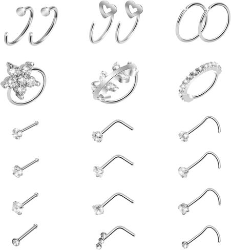 CrazyPiercing 21P Nose Ring Set 20G Hoop Nose Rings L Shape Nose Ring Stainless Steel Nose Rings Nose Piercing Stud CZ Nose Ring Jewelry for Women, 20G, Stainless Steel Cubic Zirconia, cubic zirconia in Kuwait