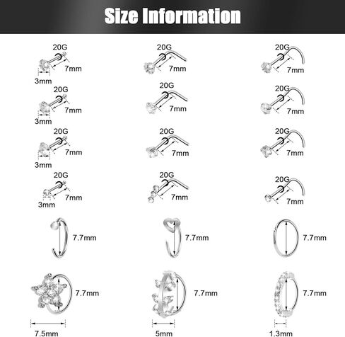 CrazyPiercing 21P Nose Ring Set 20G Hoop Nose Rings L Shape Nose Ring Stainless Steel Nose Rings Nose Piercing Stud CZ Nose Ring Jewelry for Women, 20G, Stainless Steel Cubic Zirconia, cubic zirconia in Kuwait