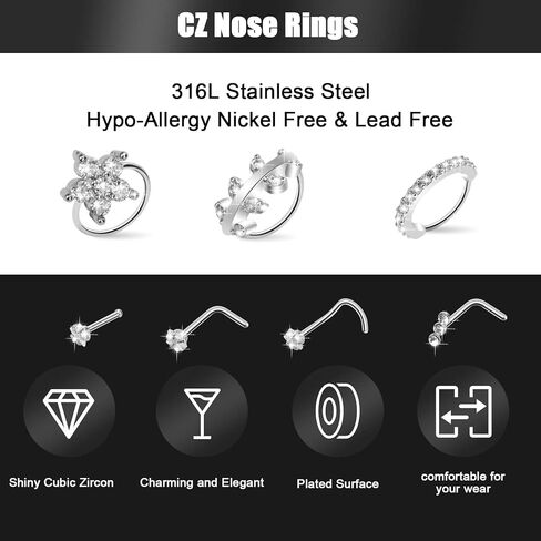 CrazyPiercing 21P Nose Ring Set 20G Hoop Nose Rings L Shape Nose Ring Stainless Steel Nose Rings Nose Piercing Stud CZ Nose Ring Jewelry for Women, 20G, Stainless Steel Cubic Zirconia, cubic zirconia in Kuwait