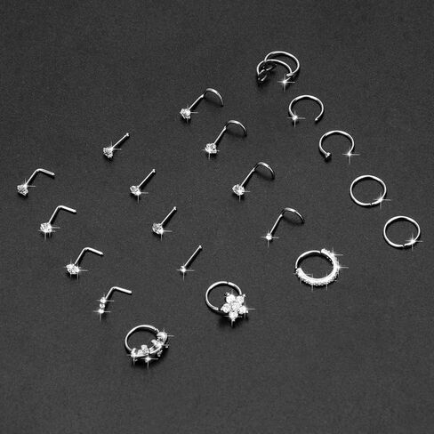CrazyPiercing 21P Nose Ring Set 20G Hoop Nose Rings L Shape Nose Ring Stainless Steel Nose Rings Nose Piercing Stud CZ Nose Ring Jewelry for Women, 20G, Stainless Steel Cubic Zirconia, cubic zirconia in Kuwait