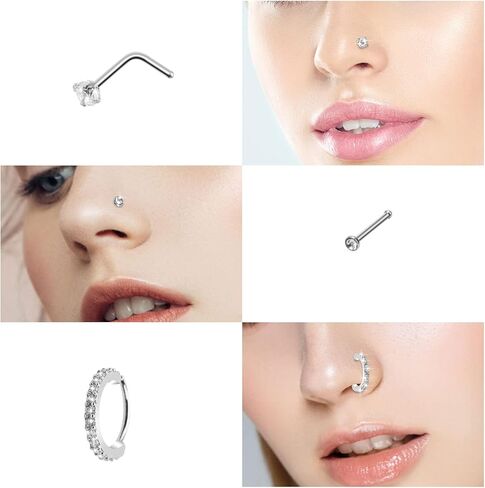 CrazyPiercing 21P Nose Ring Set 20G Hoop Nose Rings L Shape Nose Ring Stainless Steel Nose Rings Nose Piercing Stud CZ Nose Ring Jewelry for Women, 20G, Stainless Steel Cubic Zirconia, cubic zirconia in Kuwait