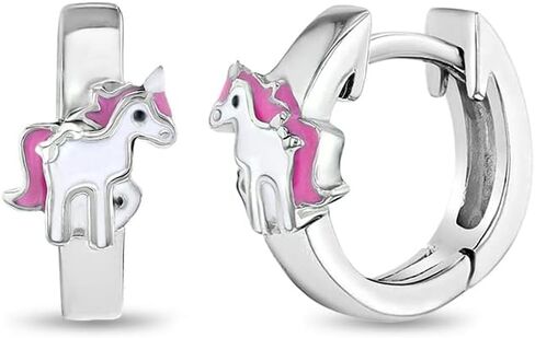 925 Sterling Silver Pink & White Enamel Unicorn Hoop Huggie Earrings For Girls- Delicate and Charming Set of Earrings For Fashionable Outfit- Lightweight & Hypoallergenic Hinged Locking Earrings in Saudi Arabia