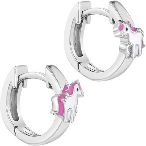 925 Sterling Silver Pink & White Enamel Unicorn Hoop Huggie Earrings For Girls- Delicate and Charming Set of Earrings For Fashionable Outfit- Lightweight & Hypoallergenic Hinged Locking Earrings in Saudi Arabia