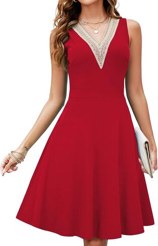 Womens Summer Lace Trim V-Neck Sleeveless Fit and Flare Tank Dresses with Pockets in Saudi Arabia