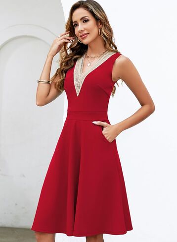 Womens Summer Lace Trim V-Neck Sleeveless Fit and Flare Tank Dresses with Pockets in Saudi Arabia