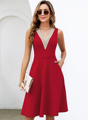 Womens Summer Lace Trim V-Neck Sleeveless Fit and Flare Tank Dresses with Pockets in Saudi Arabia