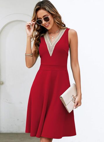 Womens Summer Lace Trim V-Neck Sleeveless Fit and Flare Tank Dresses with Pockets in Saudi Arabia